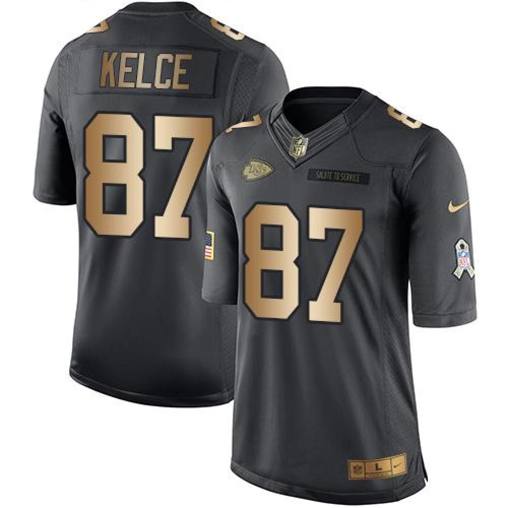 Chiefs #87 Travis Kelce Black Men's Stitched NFL Limited Gold Salute To Service Jersey 