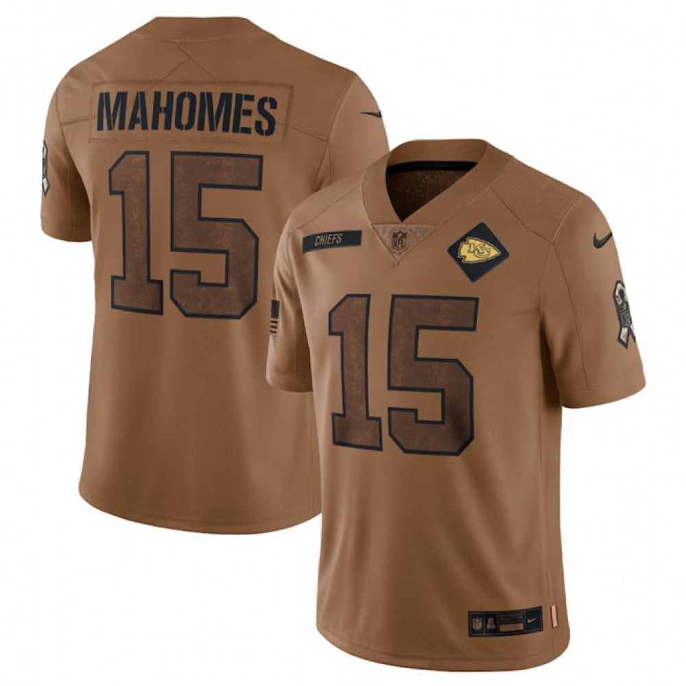 Men's Kansas City Chiefs #15 Patrick Mahomes 2023 Brown Salute To Service Limited Stitched Jersey 