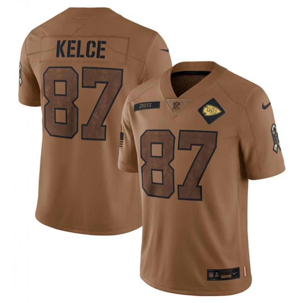 Men's Kansas City Chiefs #87 Travis Kelce 2023 Brown Salute To Service Limited Stitched Jersey 