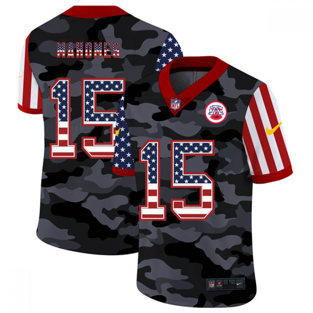 Men's Kansas City Chiefs #15 Patrick Mahomes Camo USA Flag Limited Stitched Jersey 