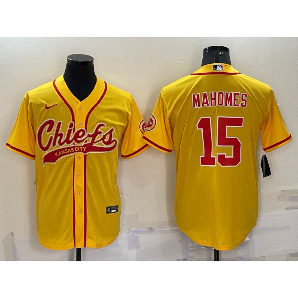 Men's Kansas City Chiefs #15 Patrick Mahomes Gold With Patch Cool Base Stitched Baseball Jersey 