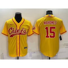 Men's Kansas City Chiefs #15 Patrick Mahomes Gold With Patch Cool Base Stitched Baseball Jersey 
