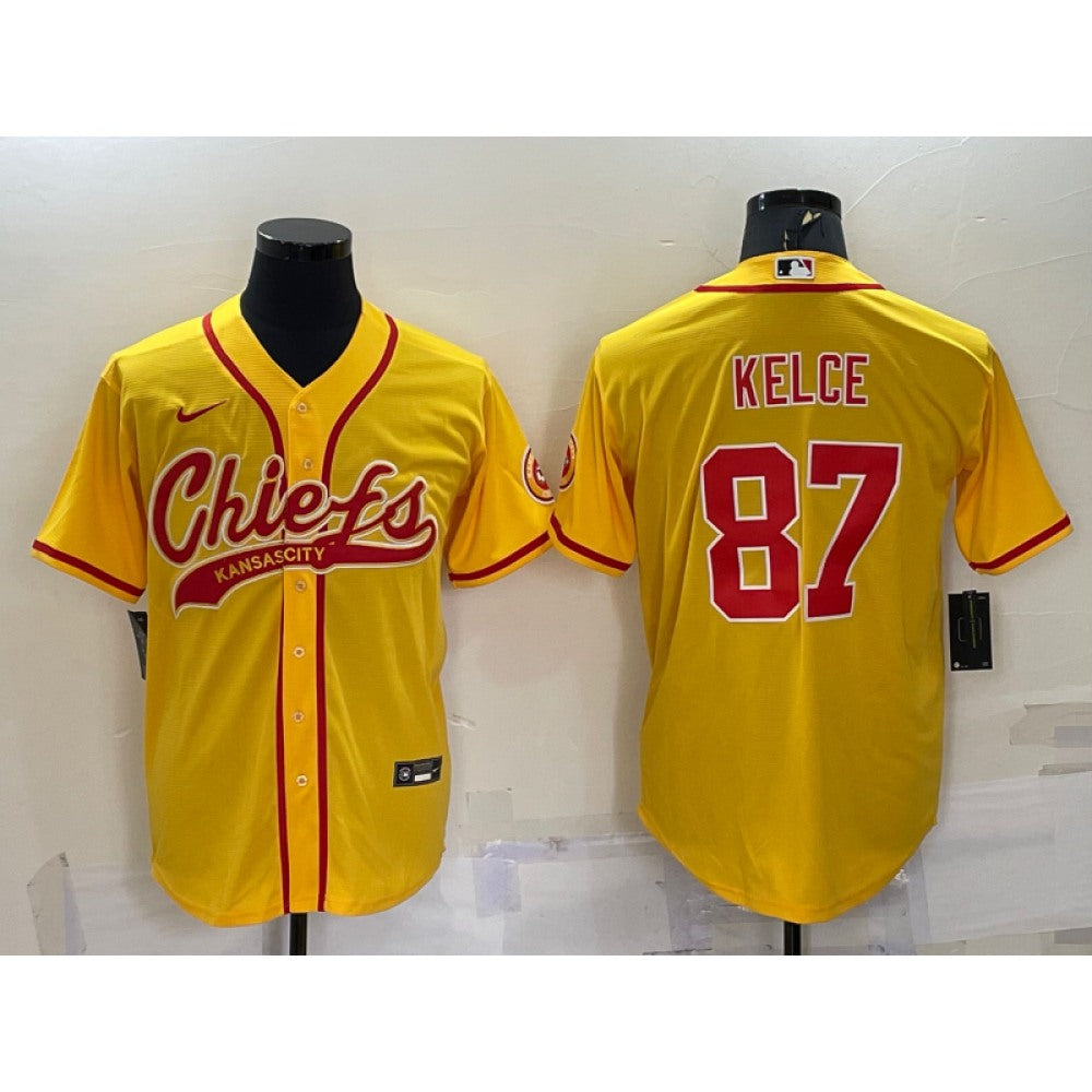 Men's Kansas City Chiefs #87 Travis Kelce Gold With Patch Cool Base Stitched Baseball Jersey 