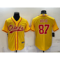 Men's Kansas City Chiefs #87 Travis Kelce Gold With Patch Cool Base Stitched Baseball Jersey 