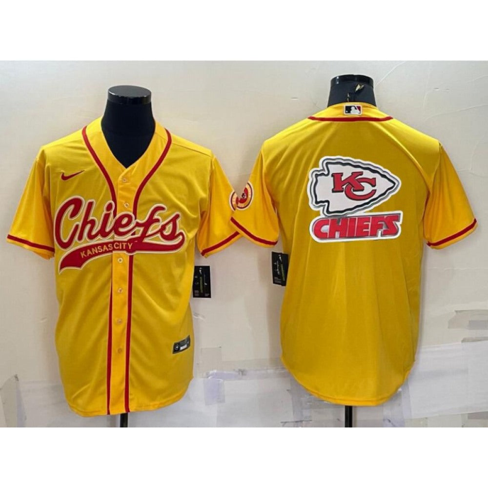 Men's Kansas City Chiefs Gold Team Big Logo With Patch Cool Base Stitched Baseball Jersey 