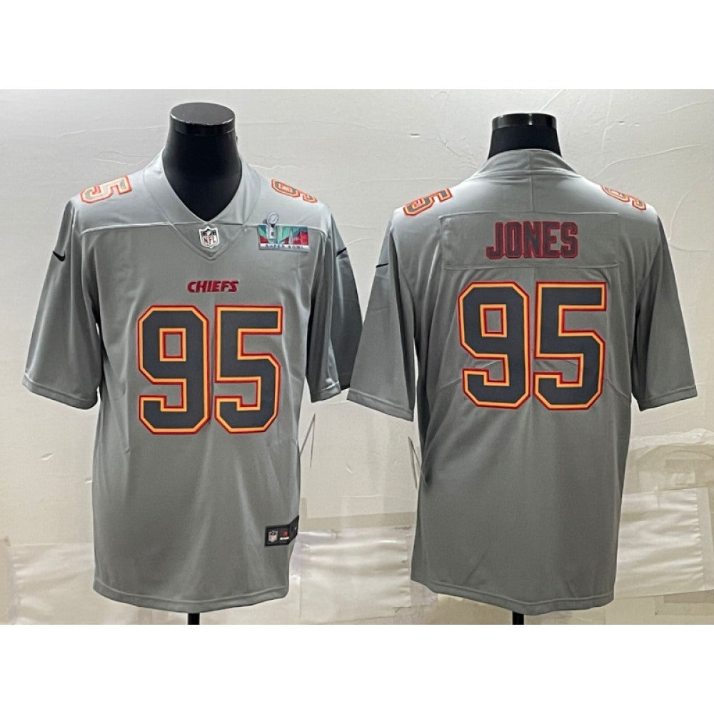 Men's Kansas City Chiefs #95 Chris Jones Gray Super Bowl LVII Patch Atmosphere Fashion Stitched Jersey 