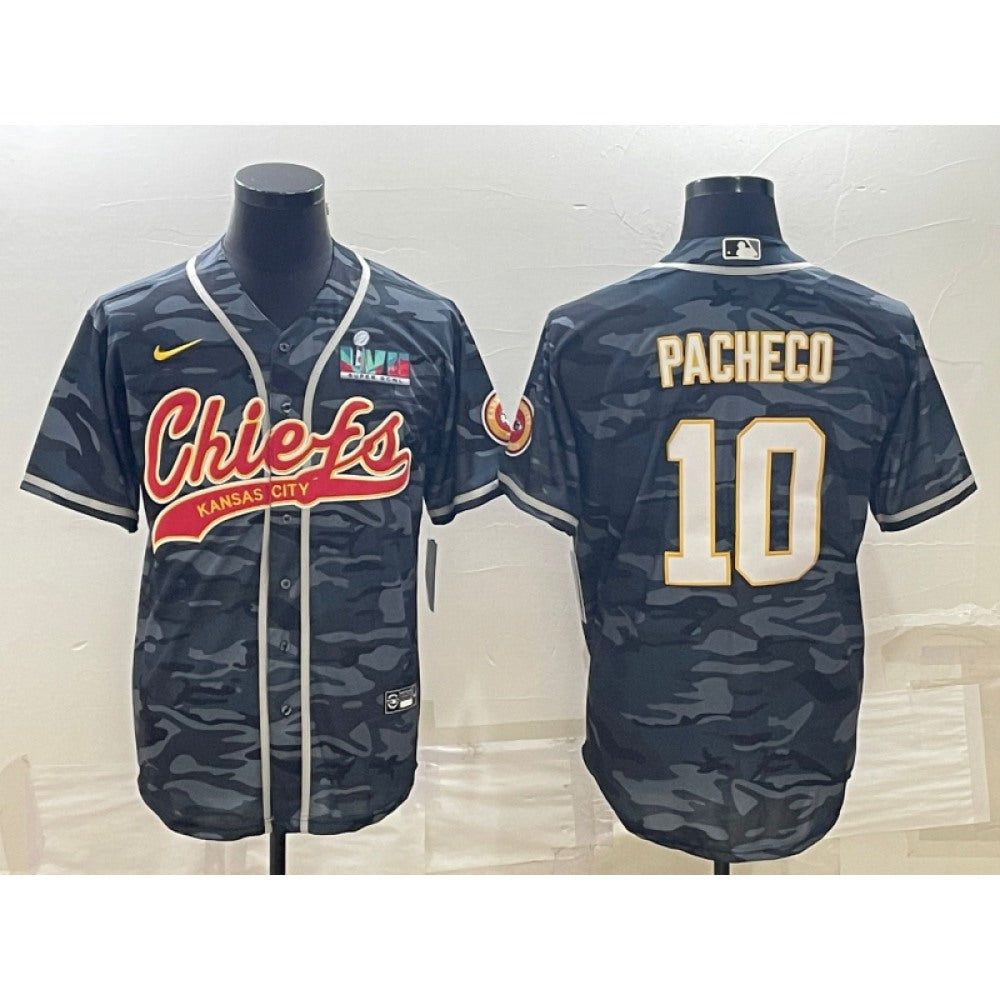 Men's Kansas City Chiefs #10 Isiah Pacheco Grey Camo With Super Bowl LVII Patch Cool Base Stitched Baseball Jersey 