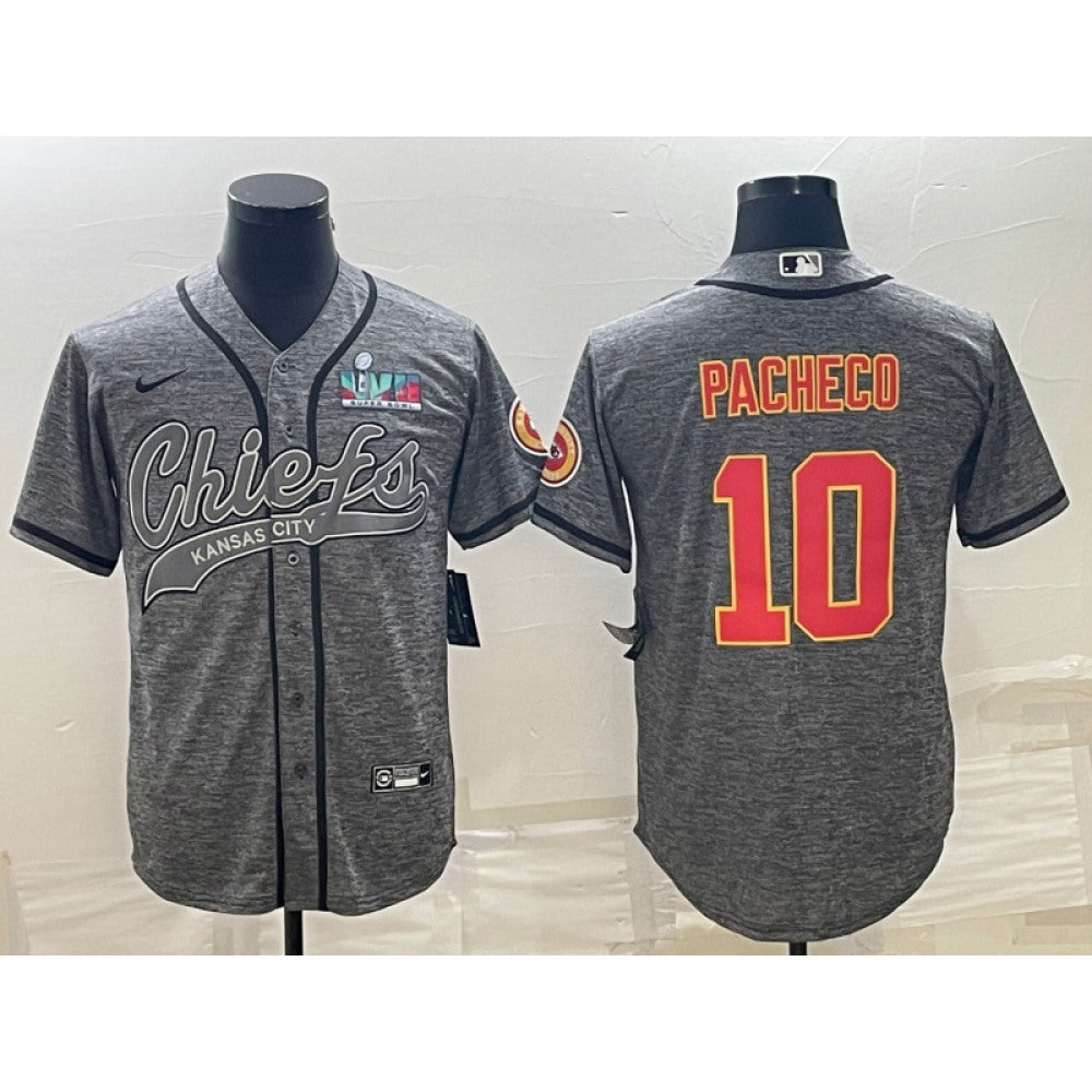 Men's Kansas City Chiefs #10 Isiah Pacheco Grey With Super Bowl LVII Patch Cool Base Stitched Baseball Jersey 