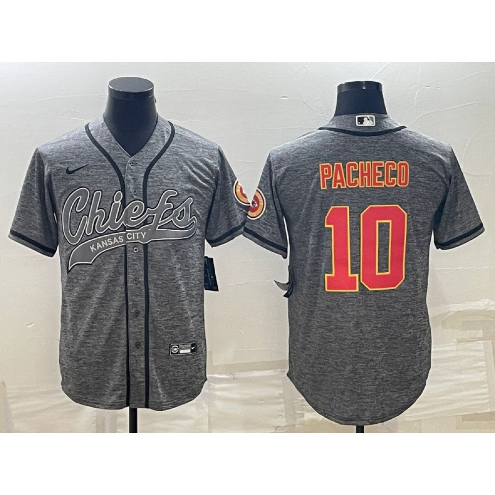 Men's Kansas City Chiefs #10 Isiah Pacheco Grey With Patch Cool Base Stitched Baseball Jersey 