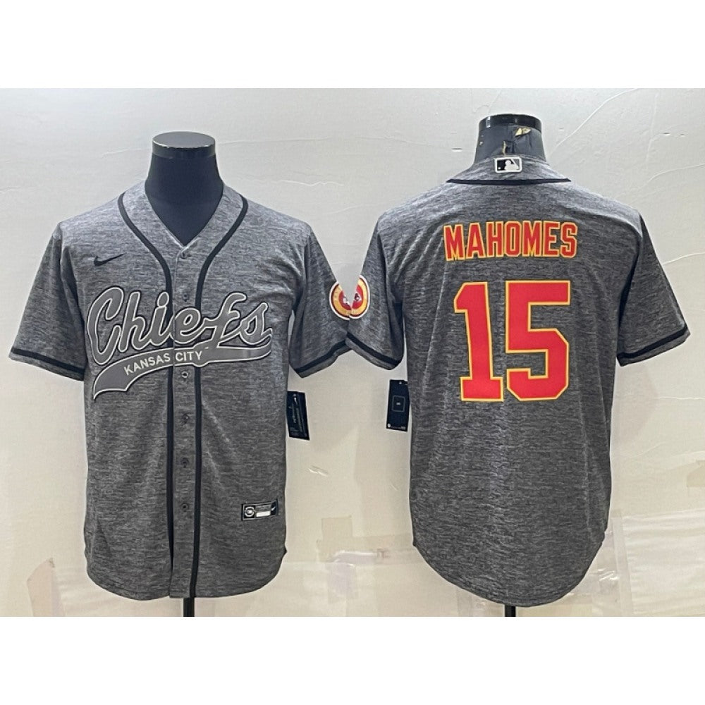 Men's Kansas City Chiefs #15 Patrick Mahomes Grey With Patch Cool Base Stitched Baseball Jersey 