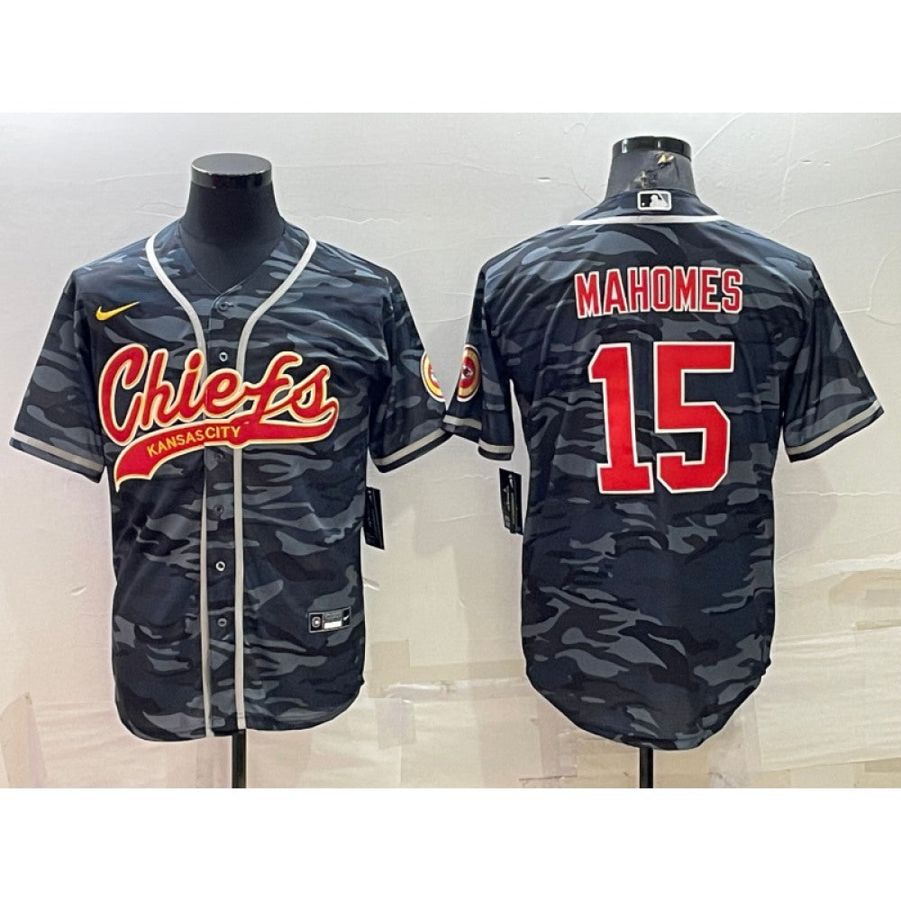 Men's Kansas City Chiefs Blank #15 Patrick Mahomes Grey/Navy Camo With Patch Cool Base Stitched Baseball Jersey 