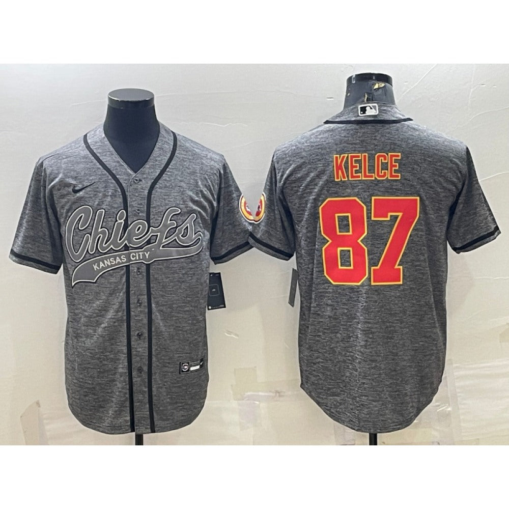 Men's Kansas City Chiefs #87 Travis Kelce Grey With Patch Cool Base Stitched Baseball Jersey 