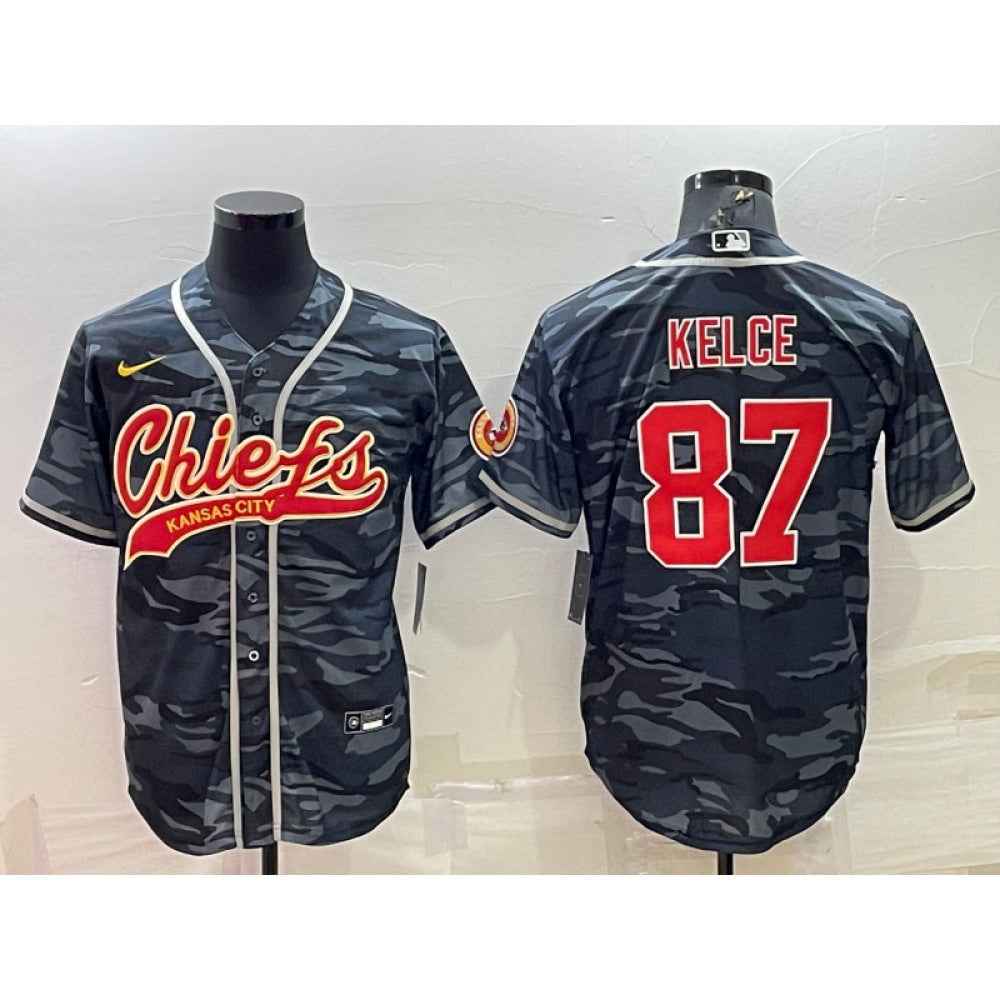Men's Kansas City Chiefs Blank #87 Travis Kelce Grey/Navy Camo With Patch Cool Base Stitched Baseball Jersey 