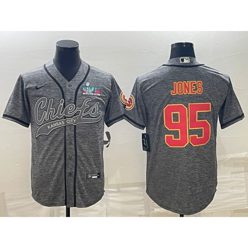 Men's Kansas City Chiefs #95 Chris Jones Grey With Super Bowl LVII Patch Cool Base Stitched Baseball Jersey 