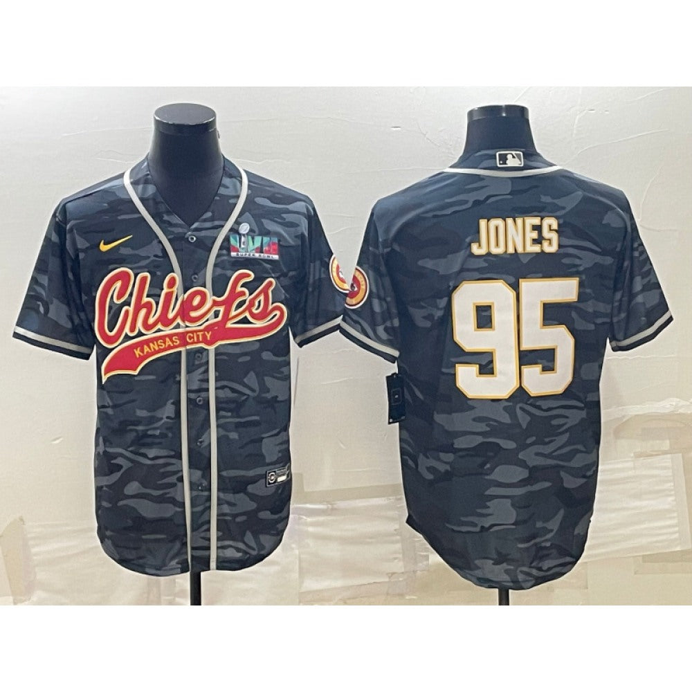 Men's Kansas City Chiefs #95 Chris Jones Grey Camo With Super Bowl LVII Patch Cool Base Stitched Baseball Jersey 