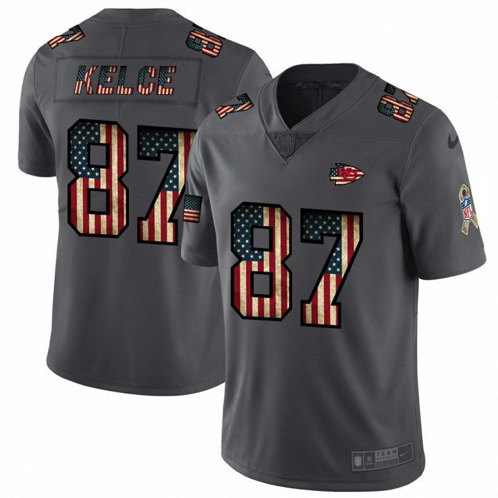 Men's Kansas City Chiefs #87 Travis Kelce Grey 2019 Salute To Service USA Flag Fashion Limited Stitched NFL Jersey 