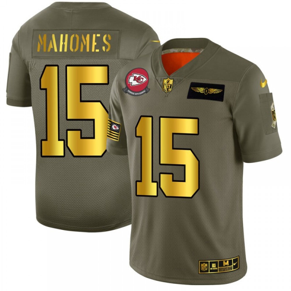 Men's Kansas City Chiefs #15 Patrick Mahomes 2019 Olive/Gold Salute To Service Limited Stitched NFL Jersey 