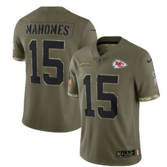 Men's Kansas City Chiefs #15 Patrick Mahomes Olive 2022 Salute To Service Limited Stitched Jersey 