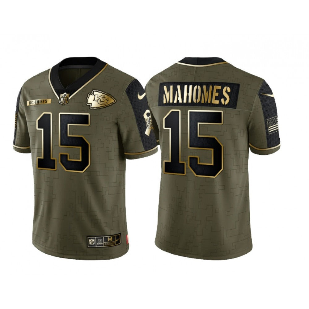 Men's Kansas City Chiefs #15 Patrick Mahomes 2021 Olive Salute To Service Golden Limited Stitched Jersey 