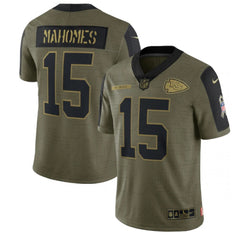 Men's Kansas City Chiefs #15 Patrick Mahomes 2021 Olive Salute To Service Limited Stitched Jersey 