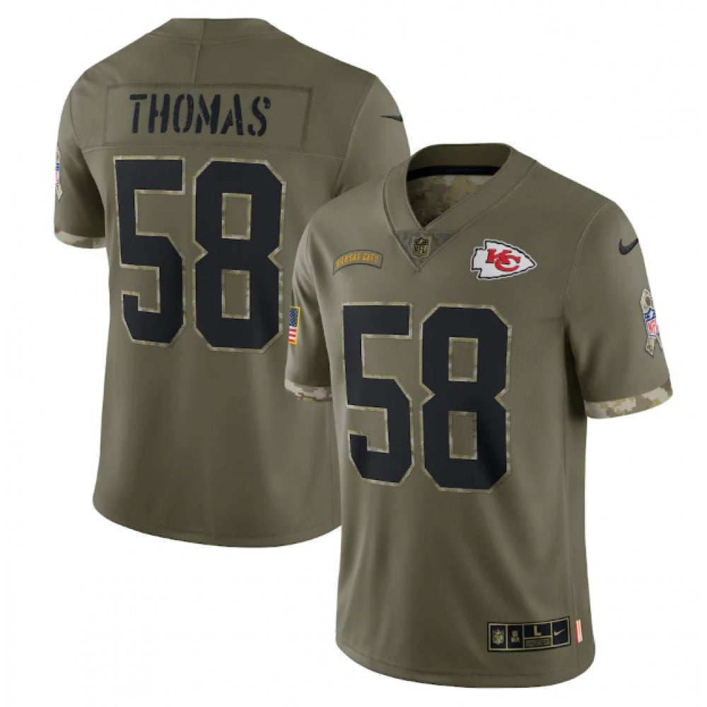 Men's Kansas City Chiefs #58 Derrick Thomas Olive 2022 Salute To Service Limited Stitched Jersey 