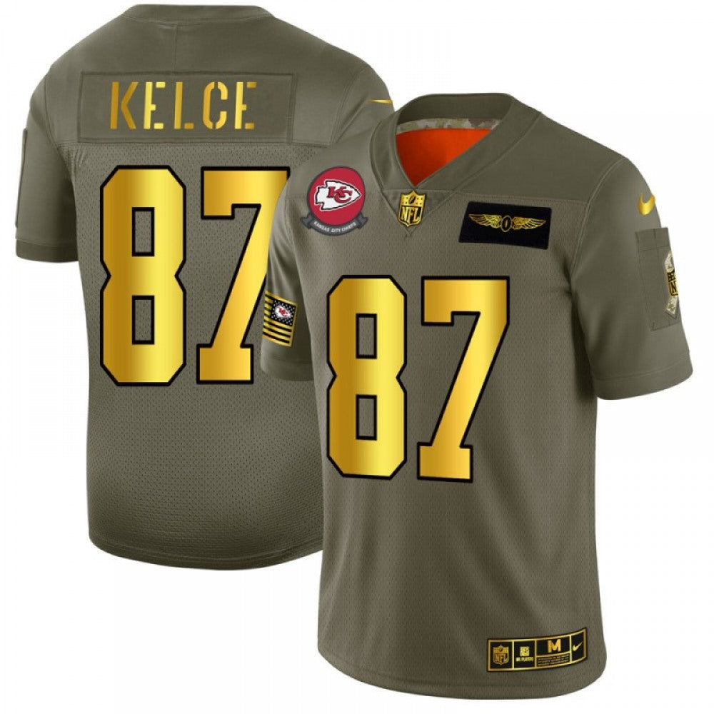 Men's Kansas City Chiefs #87 Travis Kelce 2019 Olive/Gold Salute To Service Limited Stitched NFL Jersey 