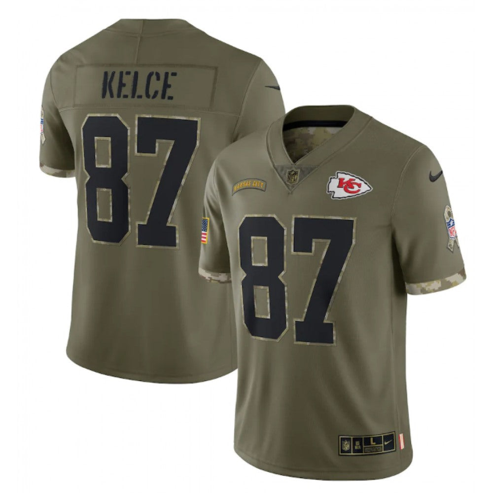 Men's Kansas City Chiefs #87 Travis Kelce Olive 2022 Salute To Service Limited Stitched Jersey 