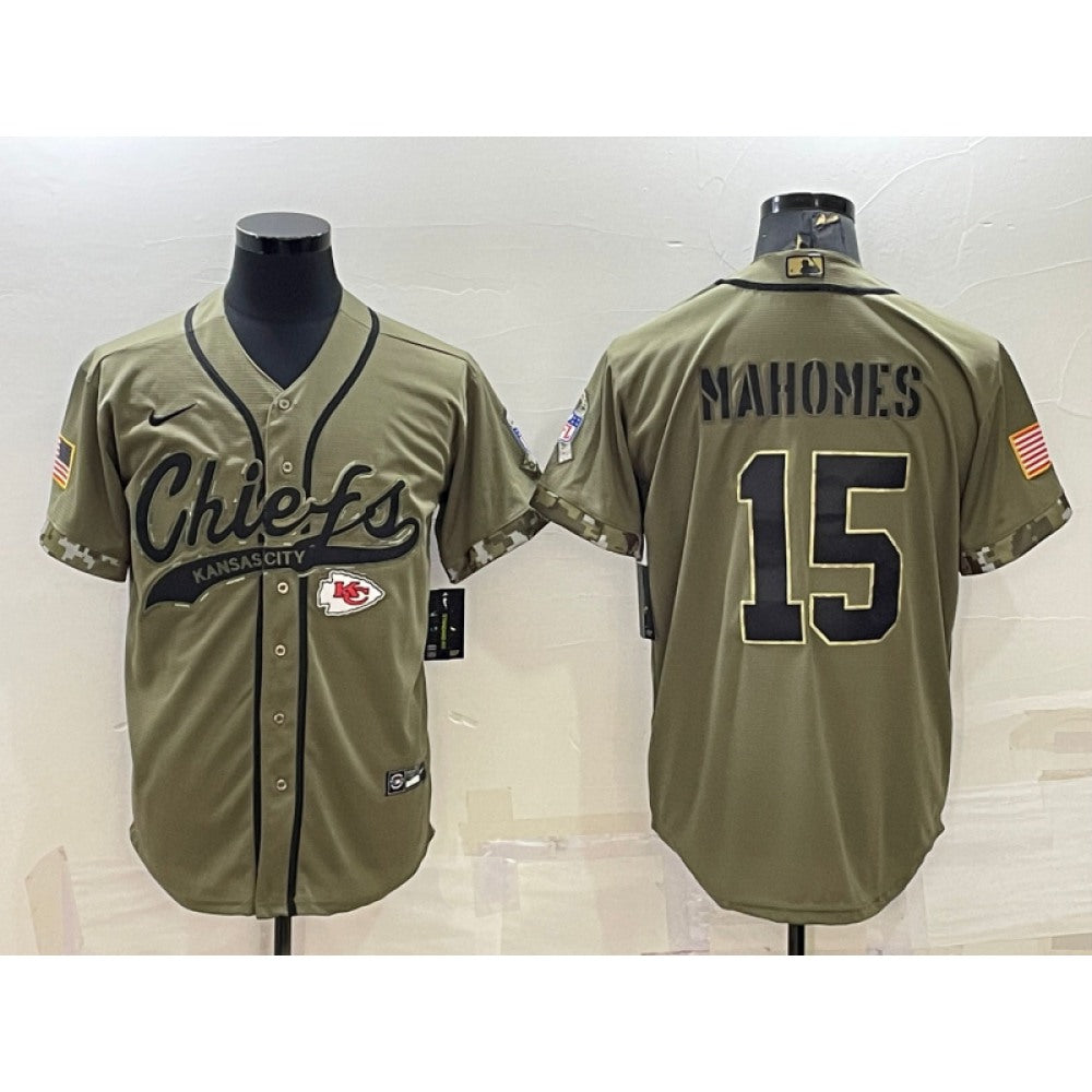 Men's Kansas City Chiefs #15 Patrick Mahomes 2022 Olive Salute to Service Cool Base Stitched Baseball Jersey 