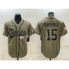 Men's Kansas City Chiefs #15 Patrick Mahomes 2022 Olive Salute to Service Cool Base Stitched Baseball Jersey 