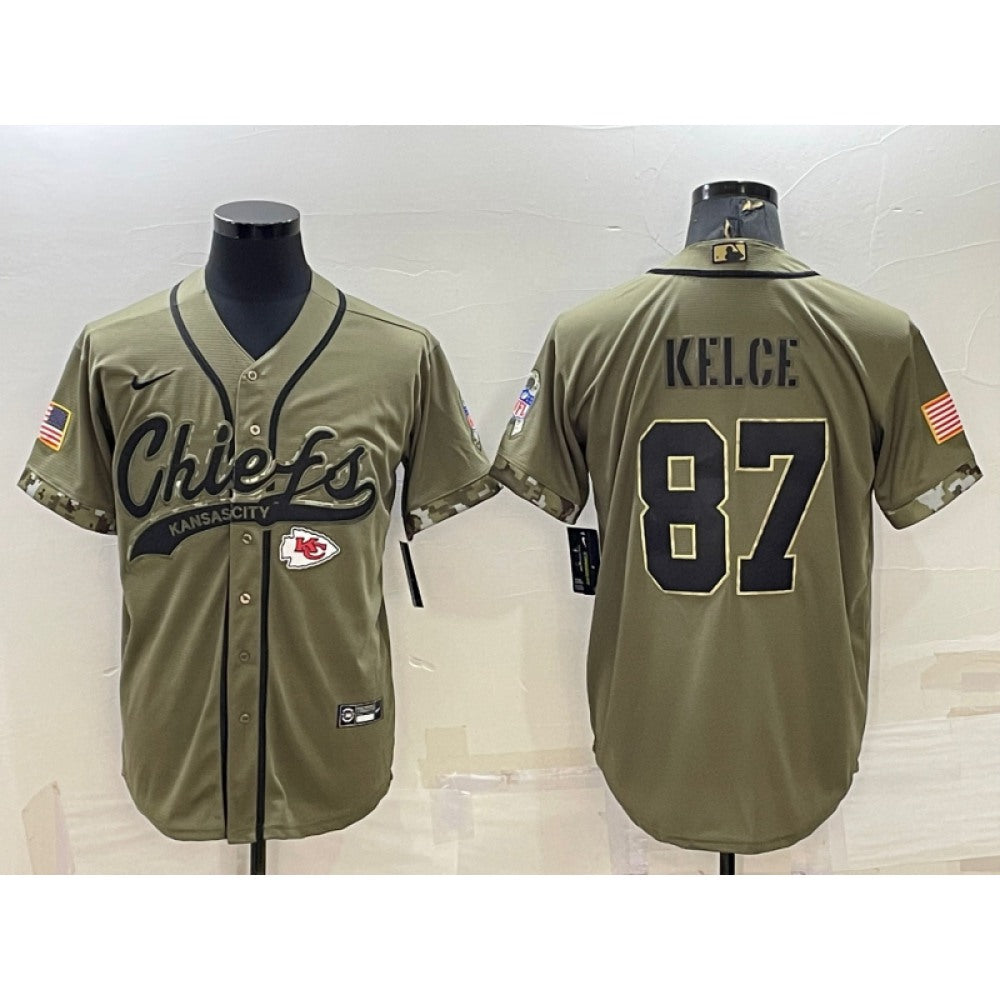 Men's Kansas City Chiefs #87 Travis Kelce 2022 Olive Salute to Service Cool Base Stitched Baseball Jersey 
