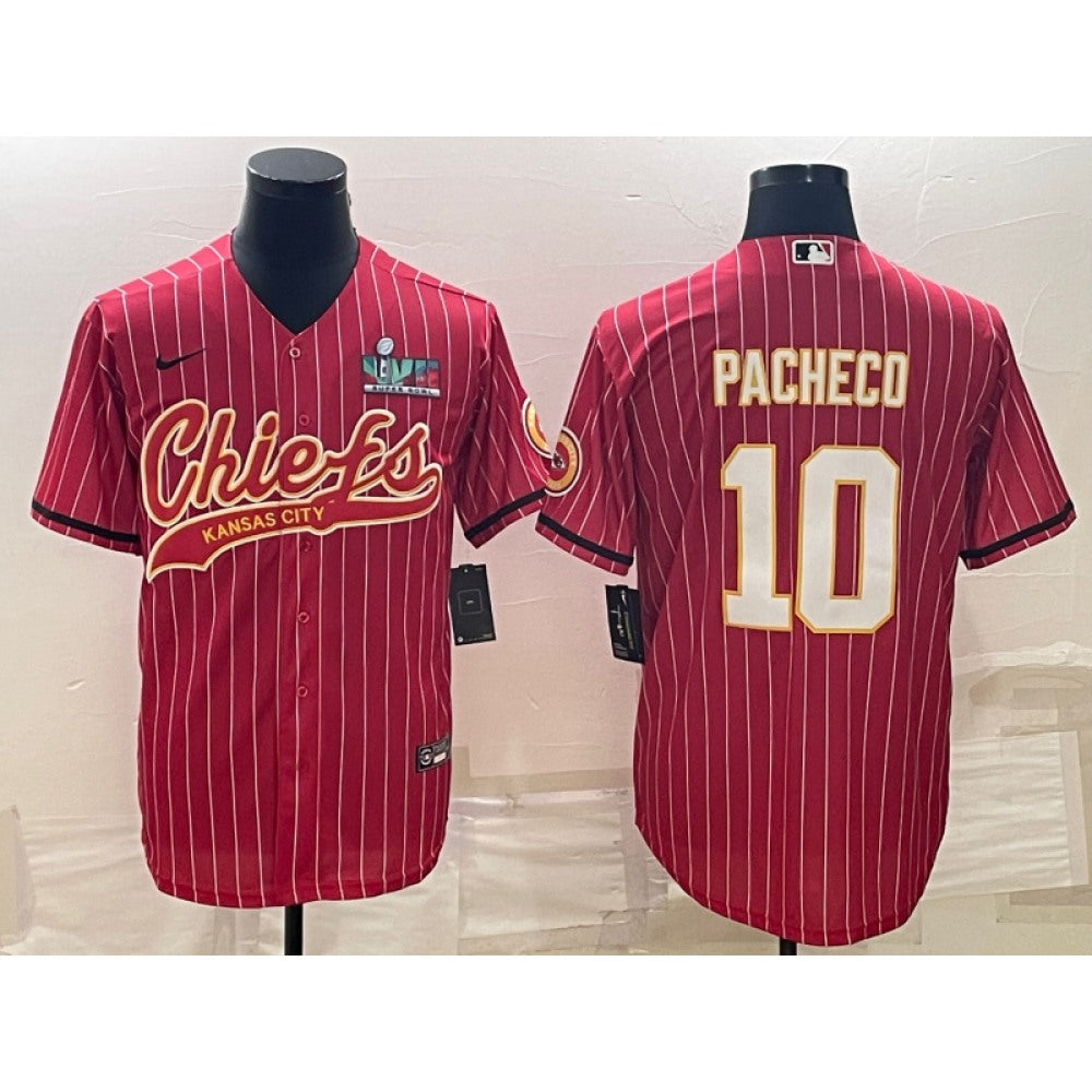 Men's Kansas City Chiefs #10 Isiah Pacheco Red With Super Bowl LVII Patch Cool Base Stitched Baseball Jersey 