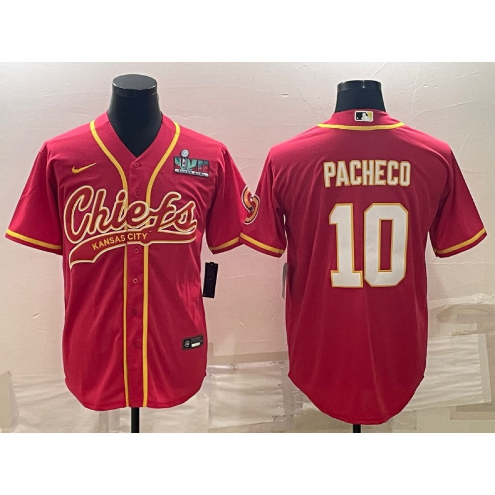 Men's Kansas City Chiefs #10 Isiah Pacheco Red With Super Bowl LVII Patch Cool Base Stitched Baseball Jersey 