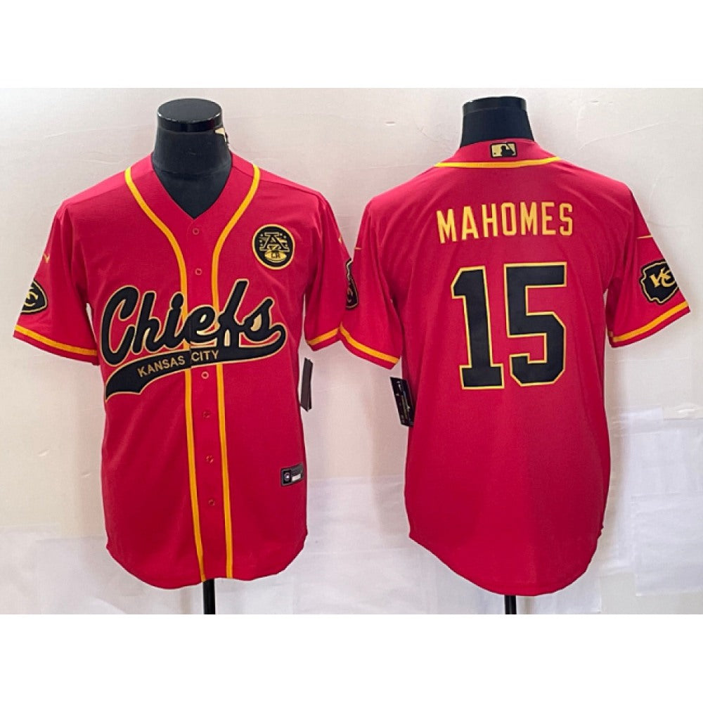 Men's Kansas City Chiefs #15 Patrick Mahomes Red Gold Cool Base Stitched Baseball Jersey 