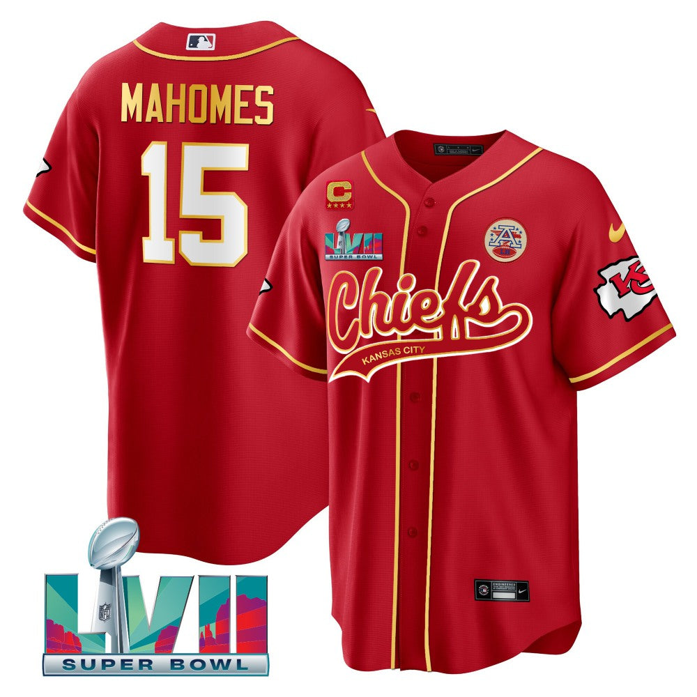 Men's Kansas City Chiefs #15 Patrick Mahomes Red With 4-star C Patch And Super Bowl LVII Patch Cool Bae Stitched Baseball Jersey 