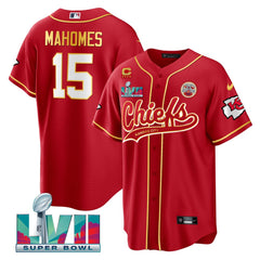 Men's Kansas City Chiefs #15 Patrick Mahomes Red With 4-star C Patch And Super Bowl LVII Patch Cool Bae Stitched Baseball Jersey 