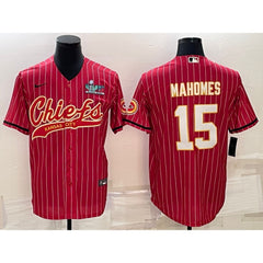 Men's Kansas City Chiefs #15 Patrick Mahomes Red With Super Bowl LVII Patch Cool Base Stitched Baseball Jersey 
