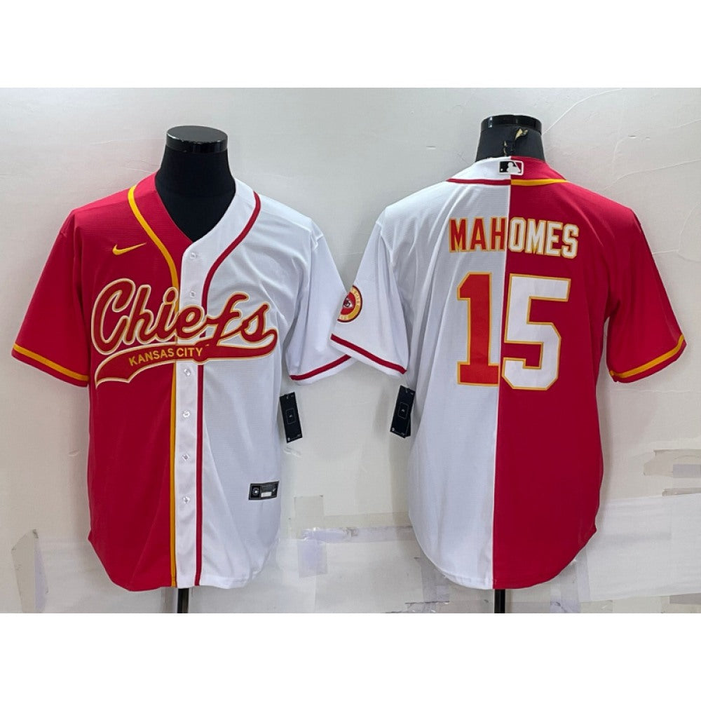 Men's Kansas City Chiefs #15 Patrick Mahomes Red/White Split With Patch Cool Base Stitched Baseball Jersey 