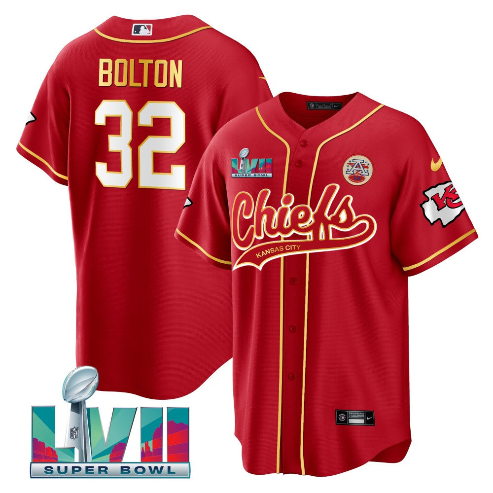 Men's Kansas City Chiefs #32 Nick Bolton Red Super Bowl LVII Patch Cool Bae Stitched Baseball Jersey 