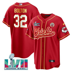 Men's Kansas City Chiefs #32 Nick Bolton Red Super Bowl LVII Patch Cool Bae Stitched Baseball Jersey 