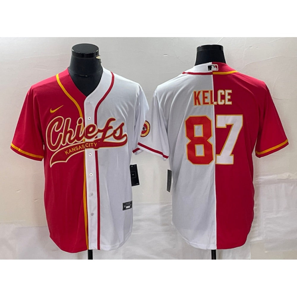 Men's Kansas City Chiefs #87 Travis Kelce Red White Split Cool Base Stitched Baseball Jersey 