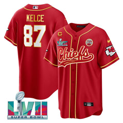 Men's Kansas City Chiefs #87 Travis Kelce Red With 4-star C Patch And Super Bowl LVII Patch Cool Bae Stitched Baseball Jersey 