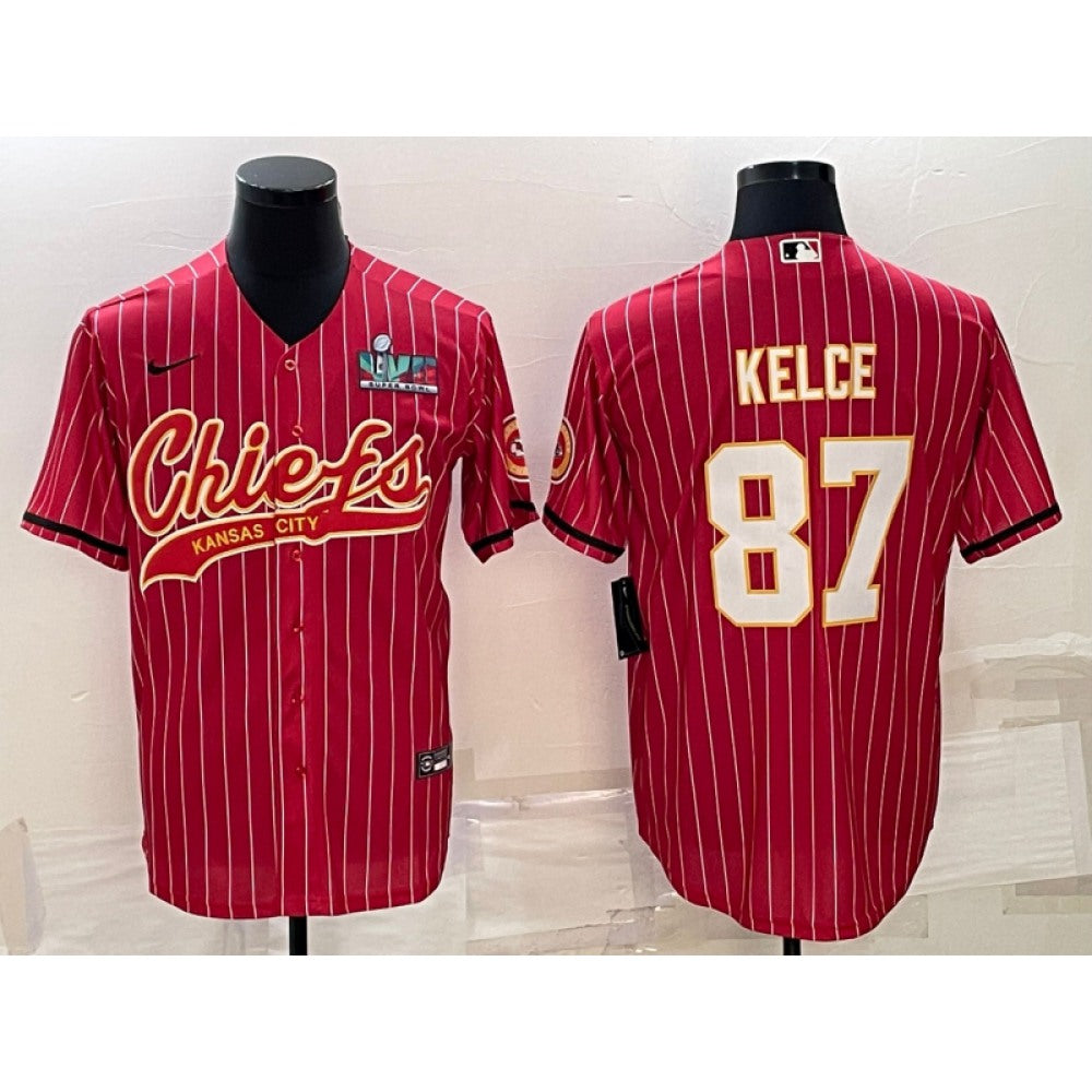 Men's Kansas City Chiefs #87 Travis Kelce Red With Super Bowl LVII Patch Cool Base Stitched Baseball Jersey 