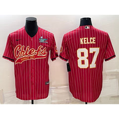 Men's Kansas City Chiefs #87 Travis Kelce Red With Super Bowl LVII Patch Cool Base Stitched Baseball Jersey 