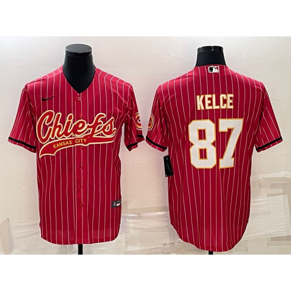 Men's Kansas City Chiefs #87 Travis Kelce Red With Patch Cool Base Stitched Baseball Jersey 