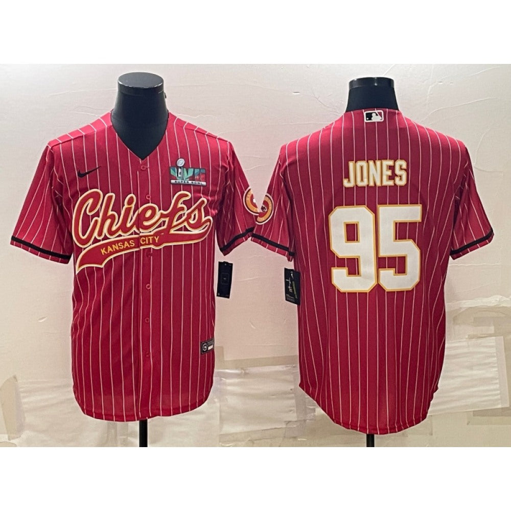 Men's Kansas City Chiefs #95 Chris Jones Red With Super Bowl LVII Patch Cool Base Stitched Baseball Jersey 