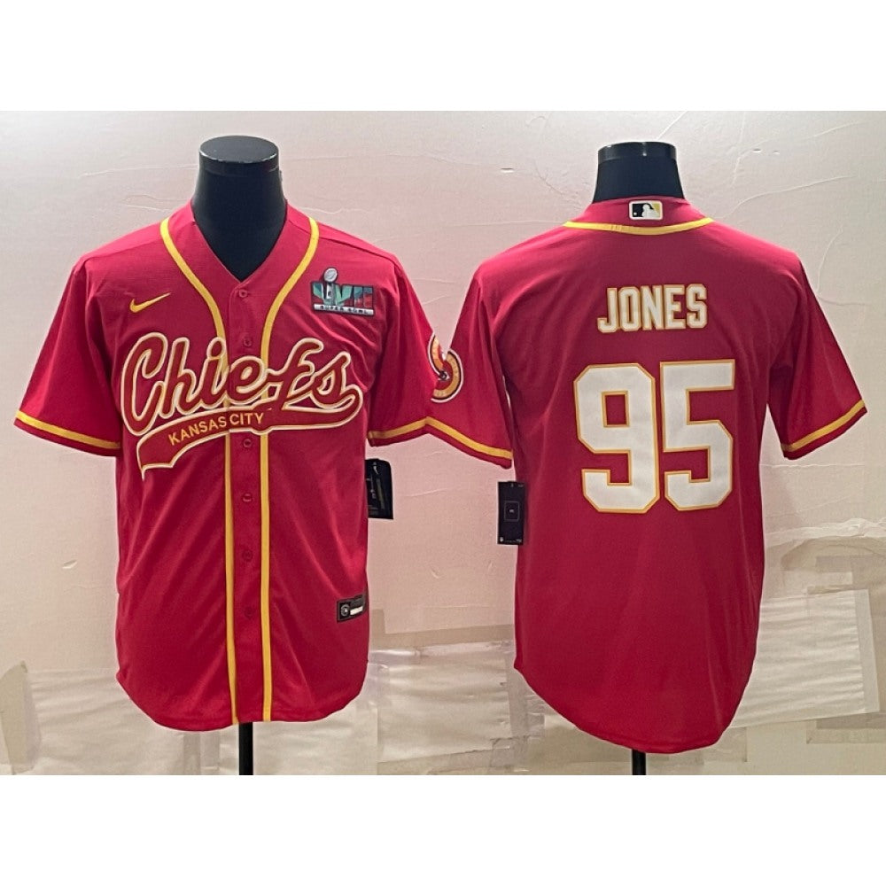 Men's Kansas City Chiefs #95 Chris Jones Red With Super Bowl LVII Patch Cool Base Stitched Baseball Jersey 
