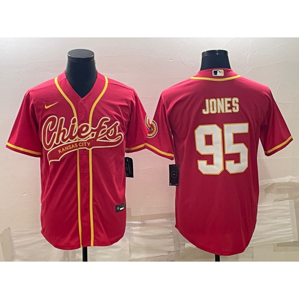 Men's Kansas City Chiefs #95 Chris Jones Red With Patch Cool Base Stitched Baseball Jersey 