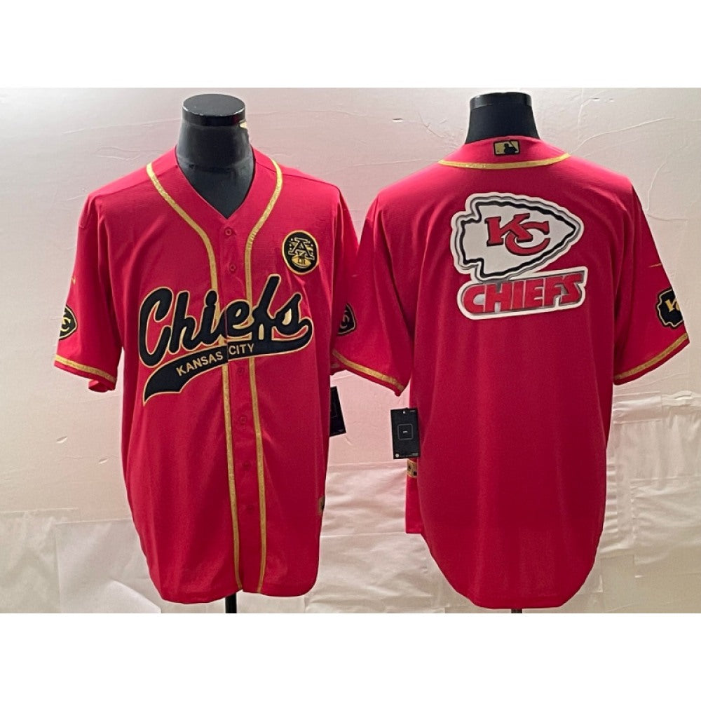 Men's Kansas City Chiefs Red Gold Team Big Logo With Patch Cool Base Stitched Baseball Jersey 
