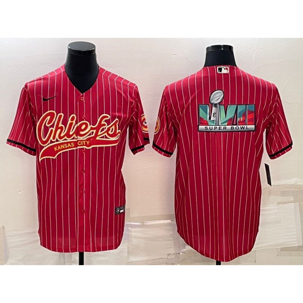 Men's Kansas City Chiefs Red With Super Bowl LVII Big Logo Cool Base Stitched Baseball Jersey 