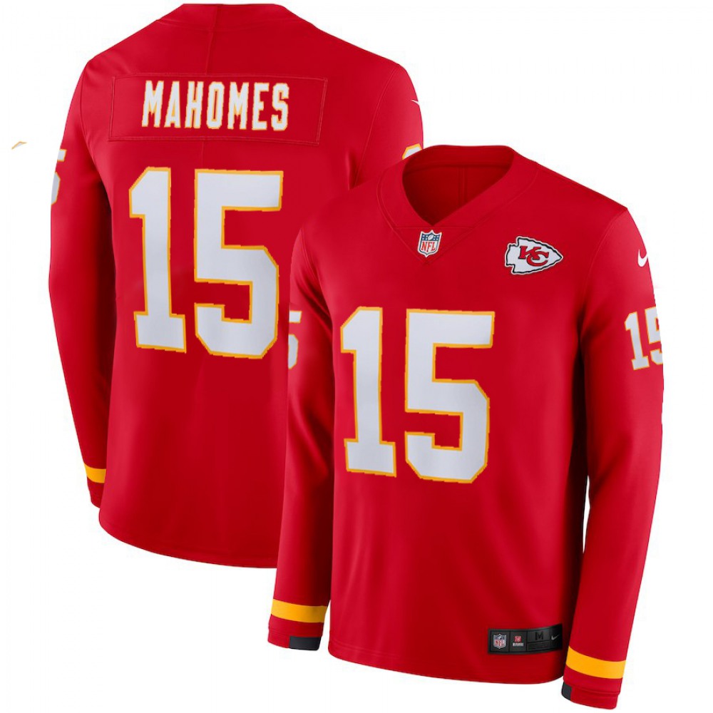 Men's Kansas City Chiefs #15 Patrick Mahomes Red Therma Long Sleeve Stitched NFL Jersey 